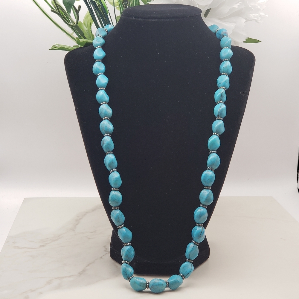 Turquoise Big Beaded Long Necklace 9.5" With Silver Disc Bead Accents Necklace